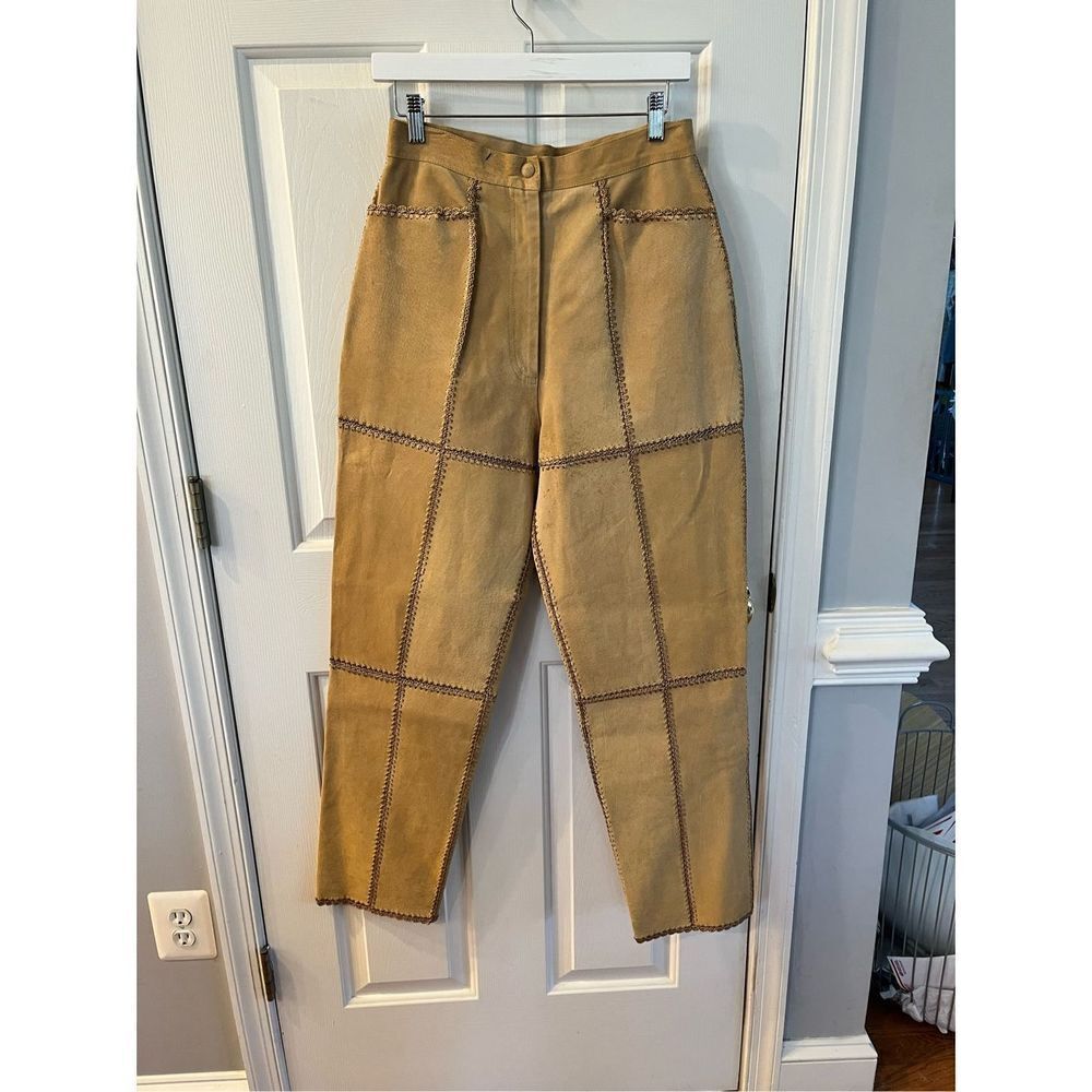 S.M.H. Vintage Tan Suede Crochet Pieced Pants Boho Festival Coachella sz 10